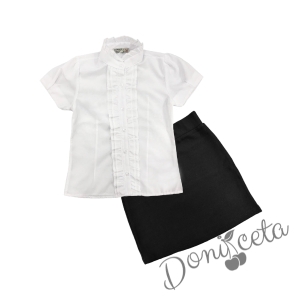 Комплект от права пола в черно и риза с къс ръкав в бяло с къдрички 1