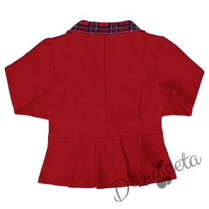 Детски комплект за момиче от 4 части - карирана пола и сако в червенос каре и рипсана блуза в бяло с къс ръкав с чорапи 5