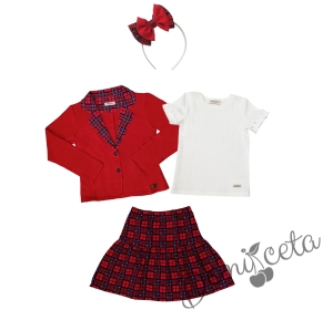 Детски комплект за момиче от 4 части - карирана пола и сако в червено с каре и рипсана блуза в бяло с къс ръкав с диадема
