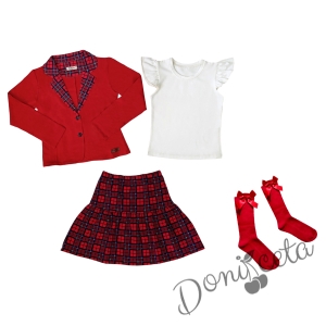 Комплект за момиче от 4 части - карирана пола и сако в червено, блуза в бяло с къс ръкав и чорапи