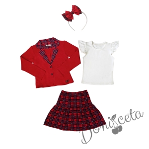 Комплект за момиче от 4 части - карирана пола и сако в червено, блуза в бяло с къс ръкав и диадема
