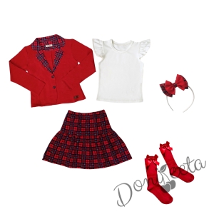 Комплект за момиче от 5 части - карирана пола и сако в червено, блуза в бяло с къс ръкав, чорапи и диадема