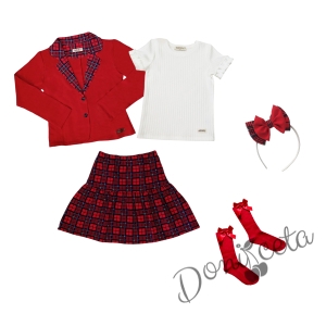 Комплект за момиче от 5 части - карирана пола и сако в червено, рипсана блуза в бяло с къс ръкав, чорапи и диадема