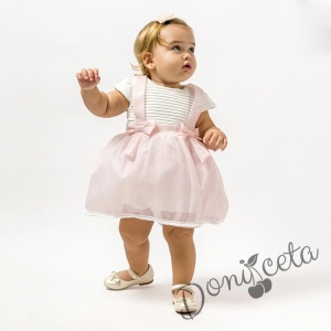 Официална/ежедневна детска рокля Елеонора с къс ръкав в екрю и розово