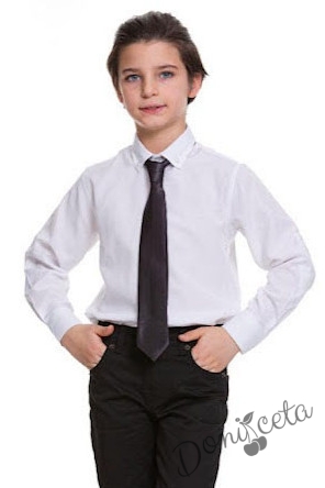 Официална детска риза с дълъг ръкав в бяло с вратовръзка в черно
