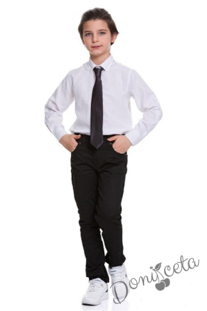 Комплект от 3 части панталон Contrast и вратовръзка в черно и риза с дълъг ръкав ръкав в бяло