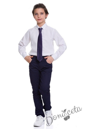 Комплект от 3 части панталон Contrast и вратовръзка в тъмносиньо и риза с дълъг ръкав ръкав в бяло