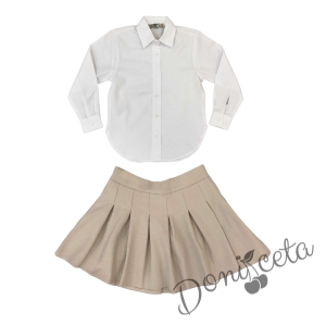 Комплект от пола в бежово Ния и риза с дълъг ръкав с в бяло Анди 1