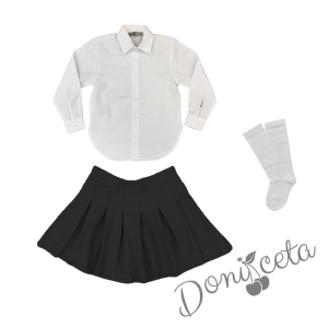 Комплект от 3 части - пола в черно Ния, риза с дълъг ръкав с в бяло Анди и чорапи