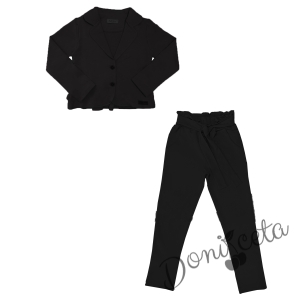 Комплект 2 части-панталон с висока талия  и сако с харбали и панделка в черно