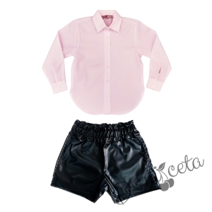Комплект за момиче от кожени къси панталони в черно на Viki Craze риза в розово с дълъг ръкав 1
