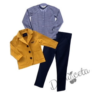 Комплект от 3 части за момче - панталон в тъмносиньо и сако в горчица Contrast, риза с дълъг ръкав каре в тъмносиньо