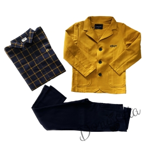 Комплект от 3 части за момче Contrast - панталон в тъмносиньо, риза с дълъг ръкав каре в тъмносиньо и сако в горчица