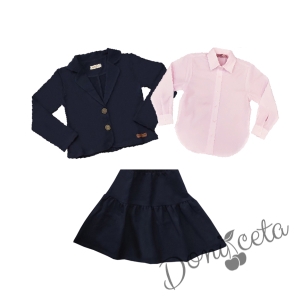 Комплект за момиче от 3 части - сако и пола в тъмносиньо и риза с дълъг ръкав в розово Анди