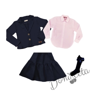 Комплект за момиче от 4 части - сако и пола в тъмносиньо, риза с дълъг ръкав в розово Анди и чорапи