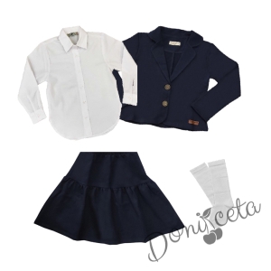 Комплект за момиче от 4 части - сако и пола в тъмносиньо, риза с дълъг ръкав в бяло Анди и чорапи