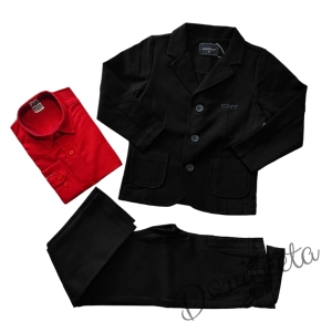 Комплект от 3 части за момче - панталон и сако в черно Contrast, риза с дълъг ръкав в червено 1