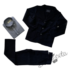 Комплект от 3 части за момче - панталон и сако в черно Contrast, риза с дълъг ръкав каре в тъмносиньо  1