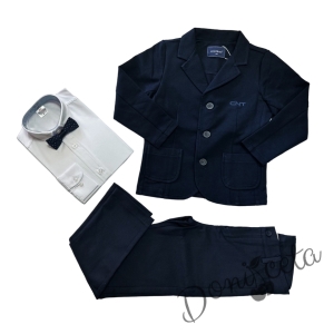 Комплект от 4 части за момче - панталон и сако в тъмносиньо Contrast, риза с дълъг ръкав в бяло и папийонка