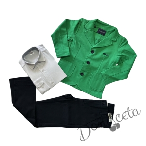Комплект от 3 части за момче Contrast - панталон в черно, риза с дълъг ръкав в бяло и сако в зелено