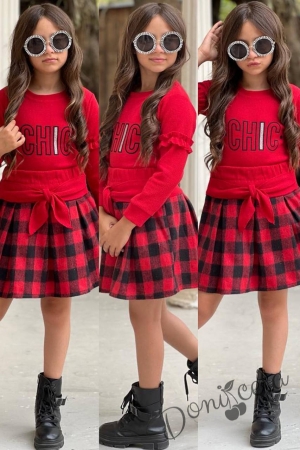 Детски комплект за момиче от карирана пола в червено и черно и блуза с дълъг ефектен ръкав и ластик в червено CHIC