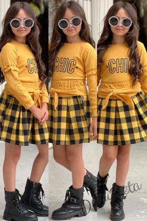Детски комплект за момиче от карирана пола в жълто и черно и блуза с дълъг ефектен ръкав и ластик в жълто CHIC