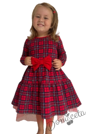 Детска рокля с дълъг ръкав в червено каре с панделка 1