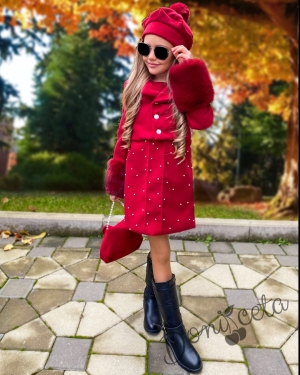 Set of dress with pearls, fluffy jacket, bag and beret in burgundy
