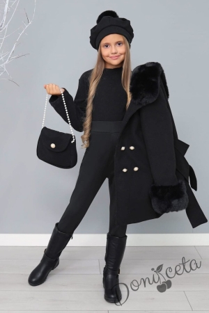 Комплект от 5 части в черно - палто, шапка, чанта , клин и блуза с дълъг ръкав 3