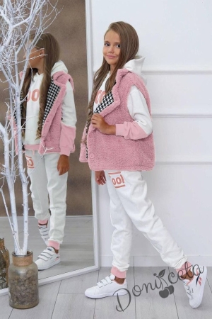 Комплект от 3 части - пухкав елек в розово, суитчър и спортен панталон в бяло с надпис 2