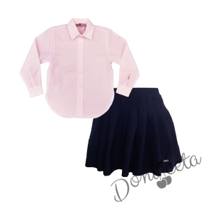 Комплект от пола в тъносиньо Мими и риза с дълъг ръкав с в розово Анди