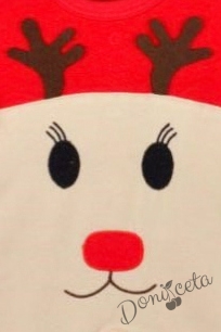 Коледен бебешки комплект от гащеризон  в червено и бежово с елен 2