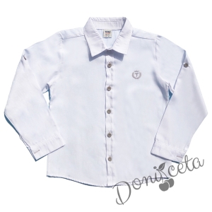 Детска риза с дълъг ръкав за момче в бяло с бежови копчета