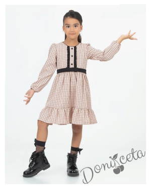 Детска рокля в бежово каре с чантичка Полина 2