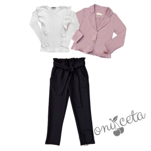 Комплект 3 части - панталон с висока талия в черно, сако с харбали и панделка в пепел от рози и блуза с дълъг ръкав с къдрици в бяло