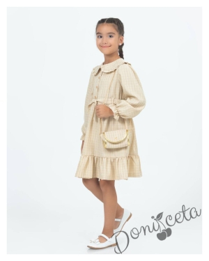 Детска рокля в бежово каре с чантичка Паулина 2