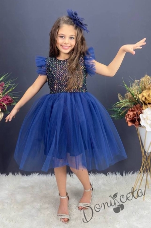Официална детска рокля с къс ръкав Набел в тъмносиньо с пйети и панделка за коса 2