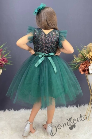 Официална детска рокля с къс ръкав Набел в тъмнозелено с пайети и панделка за коса 2