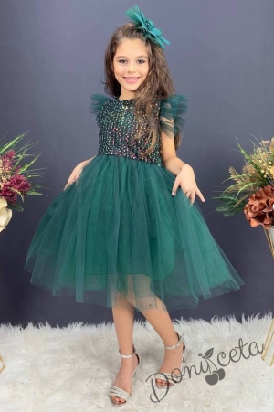 Официална детска рокля с къс ръкав Набел в тъмнозелено с пайети и панделка за коса 3