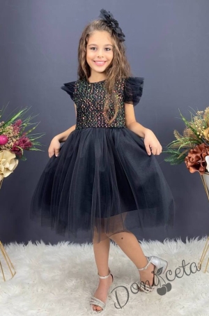 Официална детска рокля с къс ръкав Набел в черно с пайети и панделка за коса 2