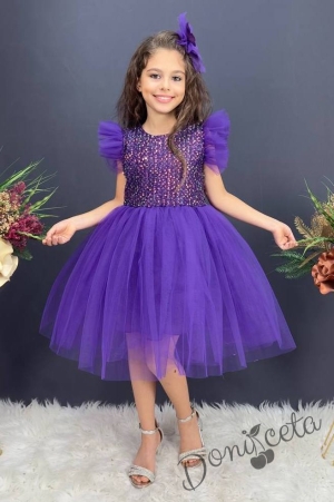 Официална детска рокля с къс ръкав Набел в лилаво с пайети и панделка за коса