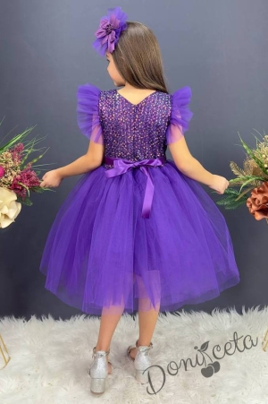 Официална детска рокля с къс ръкав Набел в лилаво с пайети и панделка за коса 2