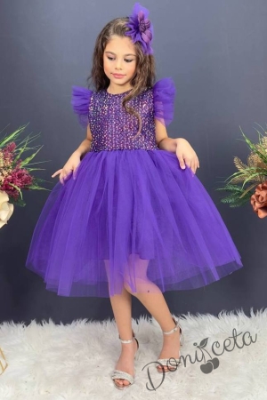 Официална детска рокля с къс ръкав Набел в лилаво с пайети и панделка за коса 3
