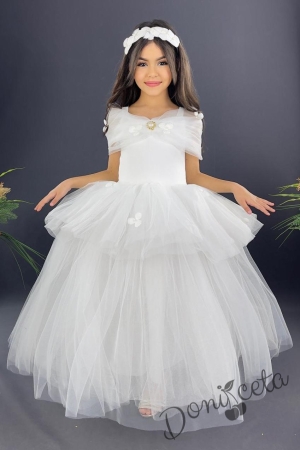 Детска официална дълга рокля Алиса в бяло с паднало рамо от тюл на пластове с цветя и диадема от цветя 2