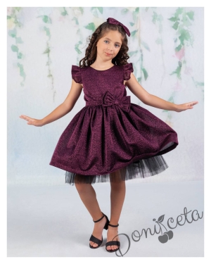 Официална детска рокля с къс ръкав брокат Канди в тъмнолилаво