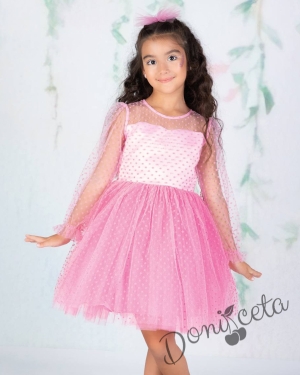 Официална детска рокля с дълъг ръкав от тюл на точки с панделка и фиба за коса в розово 1