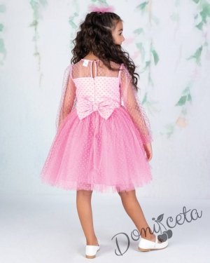 Официална детска рокля с дълъг ръкав от тюл на точки с панделка и фиба за коса в розово 3