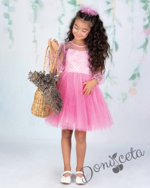Официална детска рокля с дълъг ръкав от тюл на точки с панделка и фиба за коса в розово 4