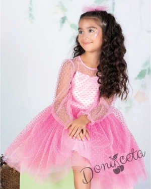 Официална детска рокля с дълъг ръкав от тюл на точки с панделка и фиба за коса в розово 5