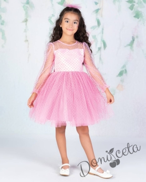 Официална детска рокля с дълъг ръкав от тюл на точки с панделка и фиба за коса в розово 7